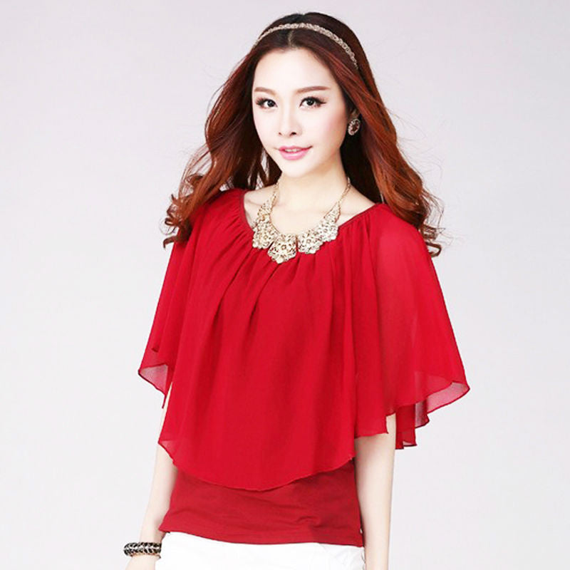 Online discount shop Australia - Black chiffon blouse for women's overlay top plus size women's clothing short sleeve red blouse shirts ropa para mujer WC072