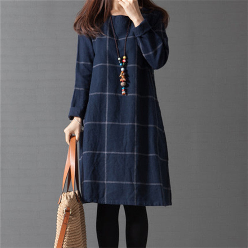 Online discount shop Australia - Long Sleeve plaid Loose Cotton Linen Women Dress Spring and Autumn Dreeses Korean style