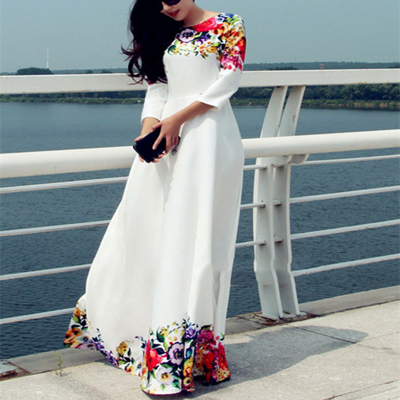 Women White Long Dress O-Neck Half Sleeve Floor-Length Fashion Prints Casual Summer Dresses