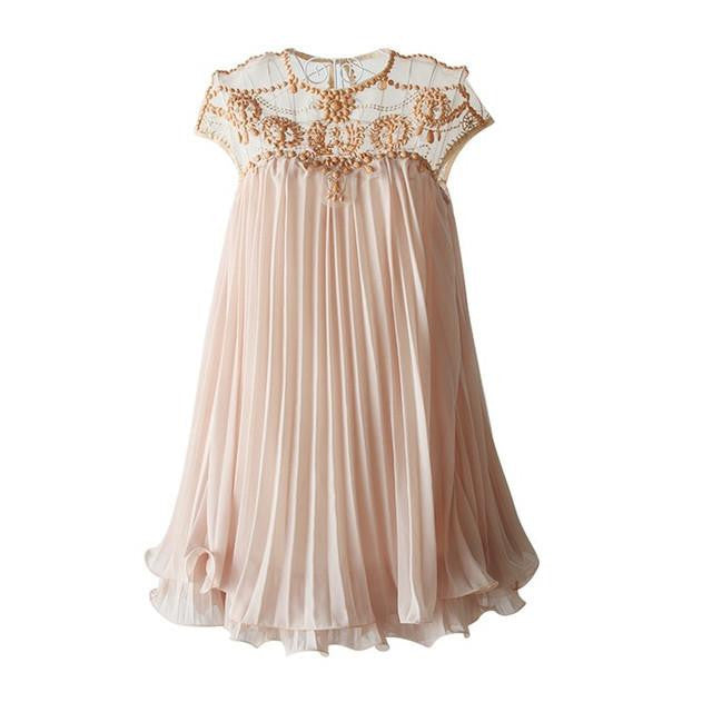 Women Dresses Brand Design Elegant Party Casual Vintage Apricot Short Sleeve Lace Pleated Chiffon Dress D64827