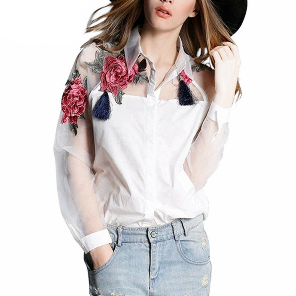 Online discount shop Australia - Fashion Elegant Women Blouse Flower Embroidery Vintage Shirts Organza Sleeve Tops Plus Size S-3XL