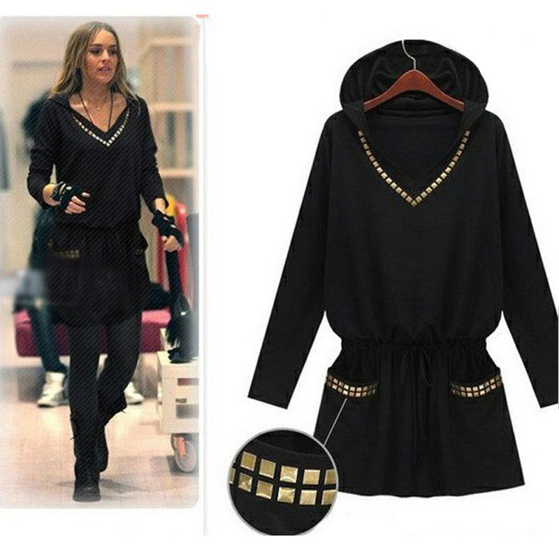 Online discount shop Australia - Dress Pullover Women Casual V-neck Rivet Hooded Dress Sexy Loose Plus Size Dress Black Autumn