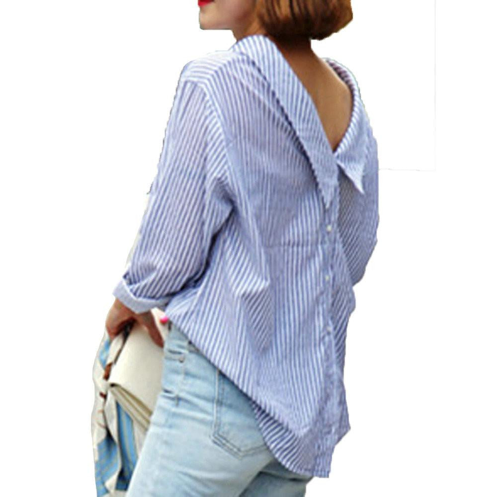 Shirt Long Sleeve Blue Striped Back Button Loose Casual Oversized Top Blouse Women Clothing