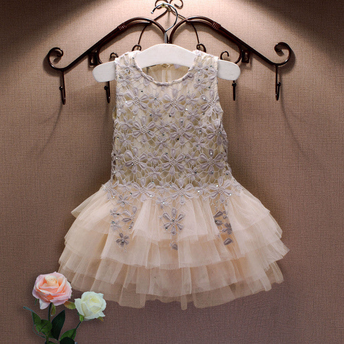 Lace Vest Girl Dress Baby Girl Princess Dress 3-7 Age Chlidren Clothes Kids Party Costume Ball Gown Beige
