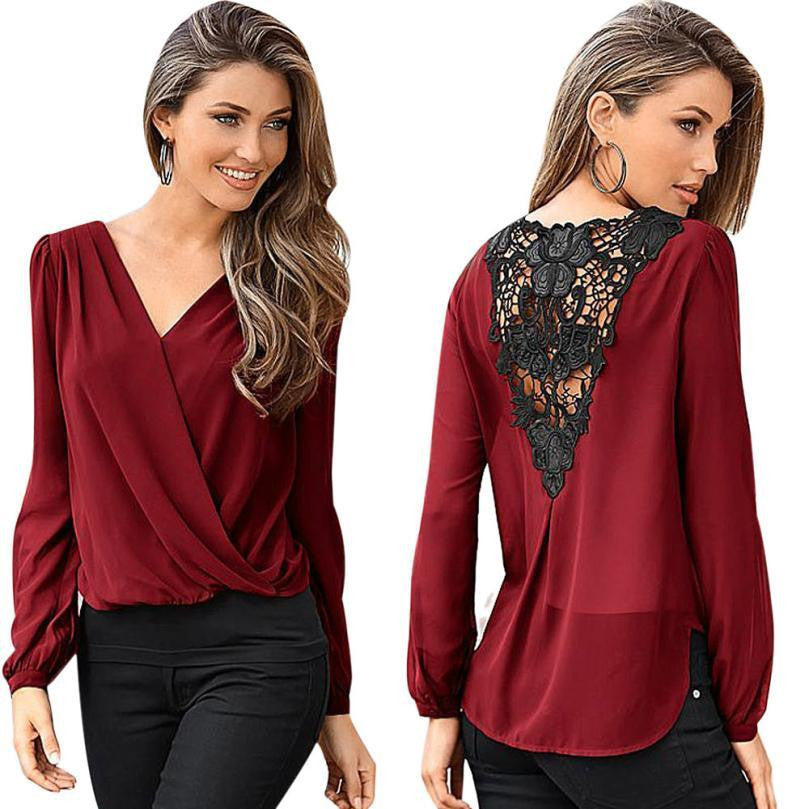 Women Casual V-neck Tops Long Sleeve Back Hollow Lace Blouse Loose Shirt