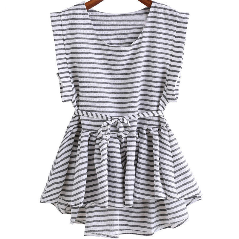 Online discount shop Australia - Clothing Ladies Black and White Striped Tops Pleated Sleeveless Round Neck Dip Hem High Low Peplum Loose Blouse