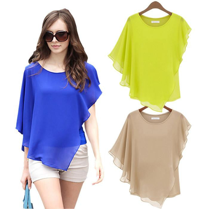 Women's Short-sleeved Flounced Chiffon Blouse Tops Bat Shirt 3 Colors HB88