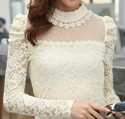 Women's Stand Pearl Collar Lace Crochet Blouse Shirts, long sleeve sexy tops for women