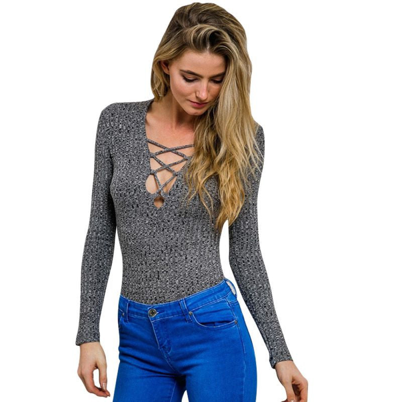 Online discount shop Australia - Lace up V Neck Top Lady Sexy Knitted Tops Pullover Cross Lace Up Long Sleeve T Shirt