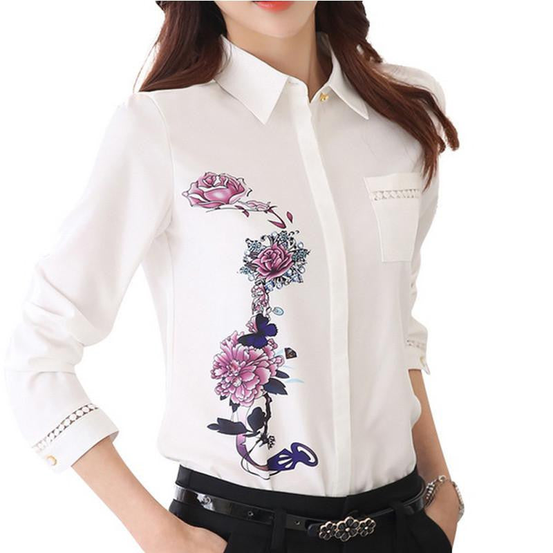 Vintage Office Lady Shirts Flower Pattern Fashion Women Blouse Size S-3XL Turn Down Collar Sweet Lady White Shirts