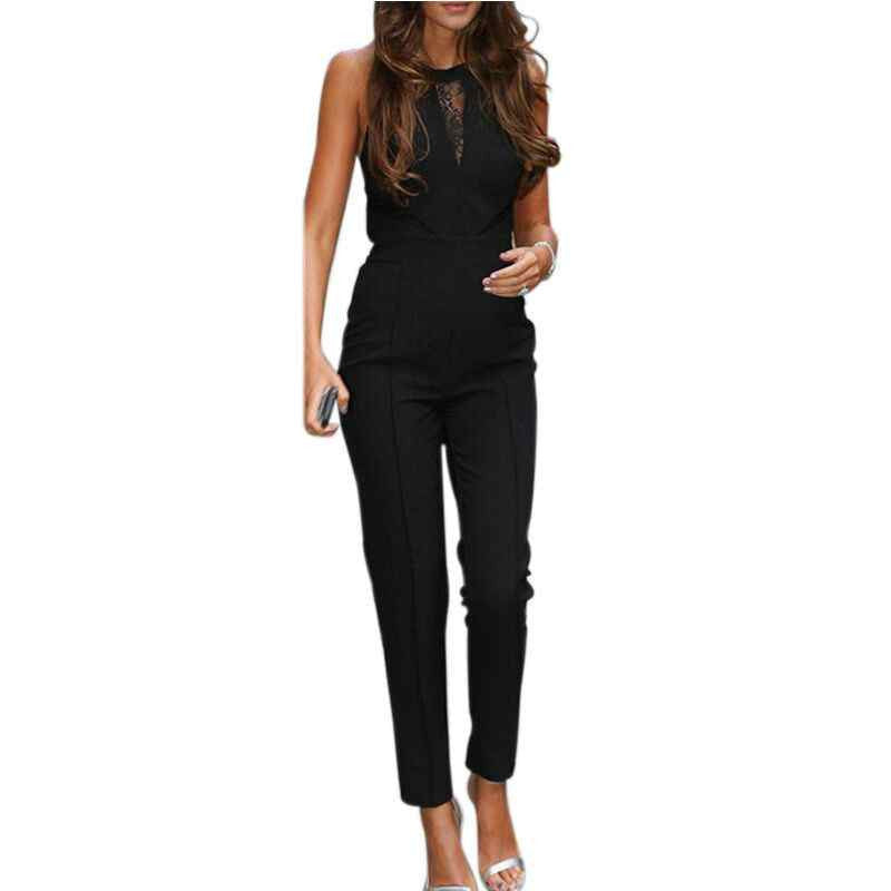 Fashion Bodycon Jumpsuits Womens Sleeveless Lace Patchwork Rompers Playsuits Black Pants Plus Size XS-4XL