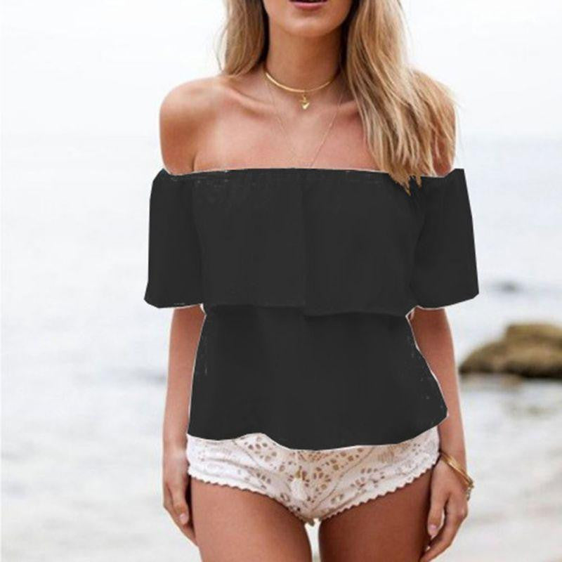 Women Girl Off Shoulder Chiffon Boat Neck Tops Casual Blouse Clothes