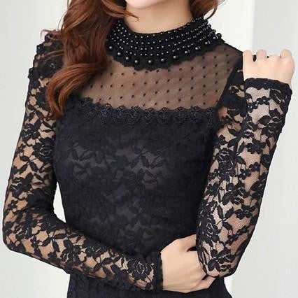 Plus size fashion Women's Shirts Stand Pearl Collar Lace Crochet Blouse Shirts long sleeve sexy tops Black/White