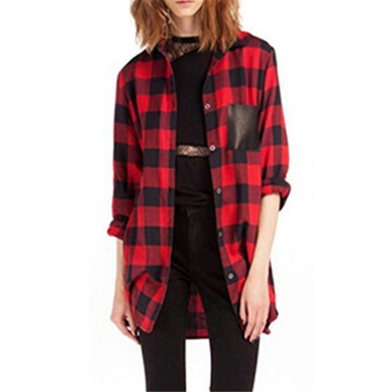 Style Womens Classic Black Red Check Plaid Pockets Blouse Long Sleeve Turn Down Collar Tops Shirt Plus Size S-5XL