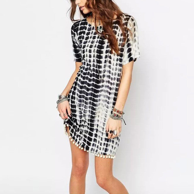 Online discount shop Australia - fashion hairball hem geometry print women summer dress loose casual straight dress