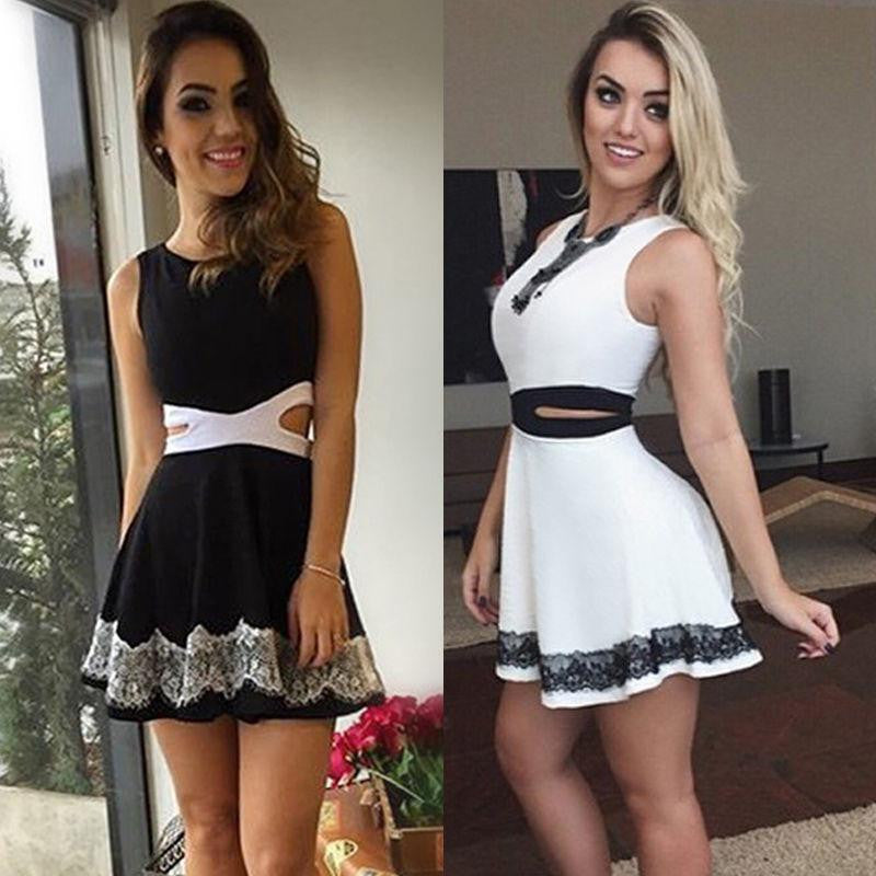 Women Casual Party Sleeveless Lace Short Mini Dress Hollow out waist Dresses