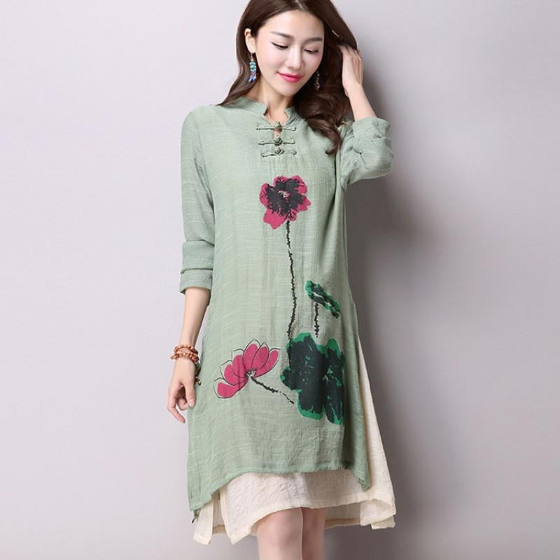 Women's National Wind Casual Long-Sleeved Cotton Linen Dress Plus Size Long Linen Dresses Simple Printing CX002