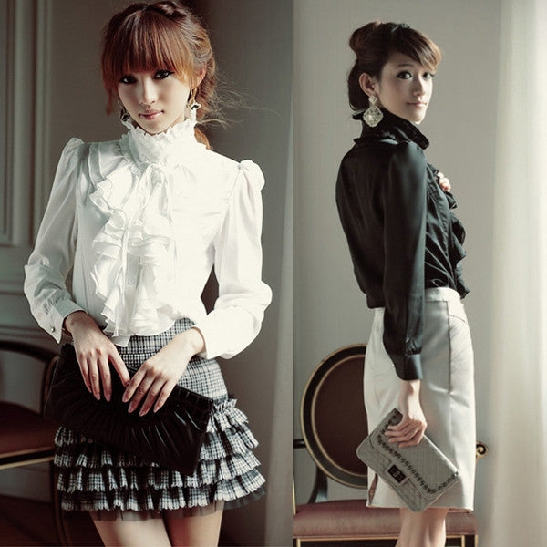 Ladies Women Long Sleeve Stand Collar Flounce Blouse Fashion Chiffon Shirts White Black