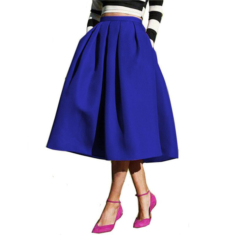 Women's Solid Casual Flare High Waist Pleated Pockets Vintage Midi Skirt