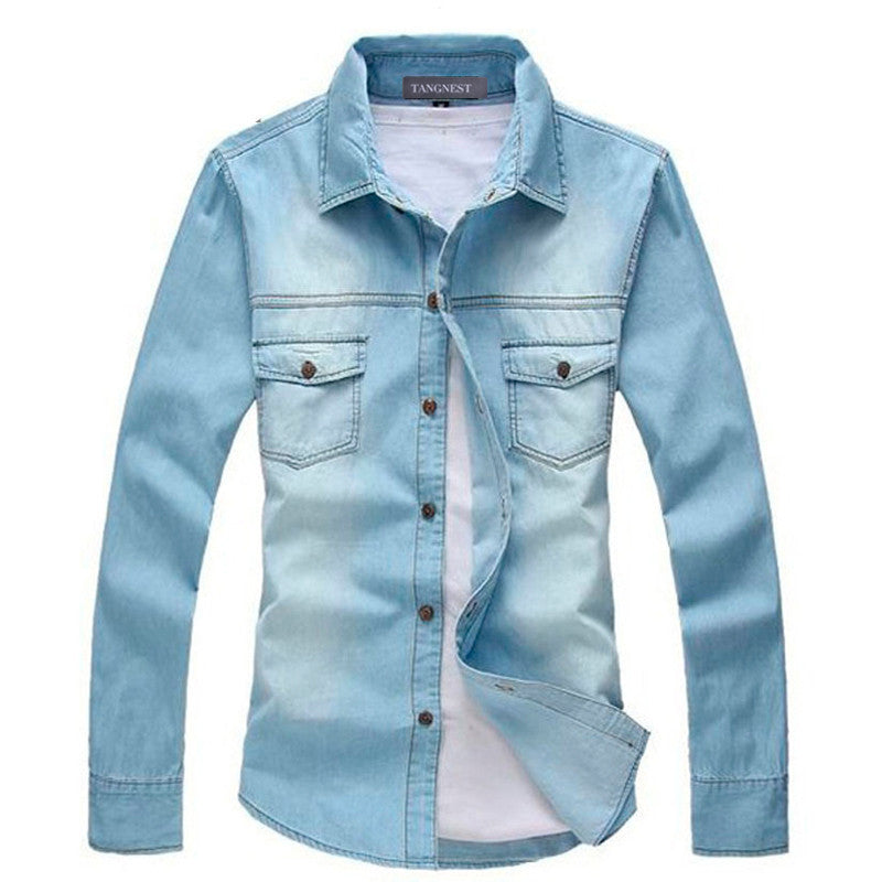 Vintage Men's Fashion Breathable Denim Thin Jacket Long Sleeve Light Blue Top ing Jean Jacket MCL139