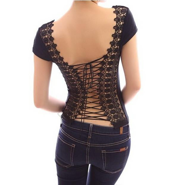 Women T-Shirt Lace Splicing T Shirt Hollow Out Halter Tee Backless Tops Short Sleeve Tshirt Clothes