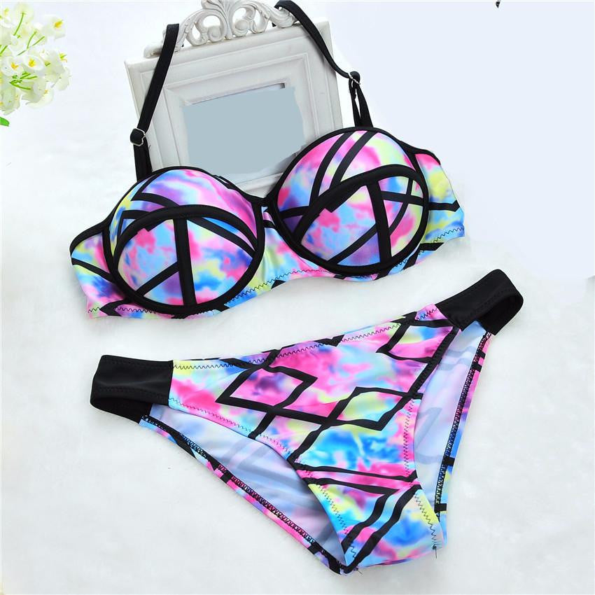 Floral Print Halter Straps tie dye Bikini Set with Padded Push up for Women Biquini Bathing Suit