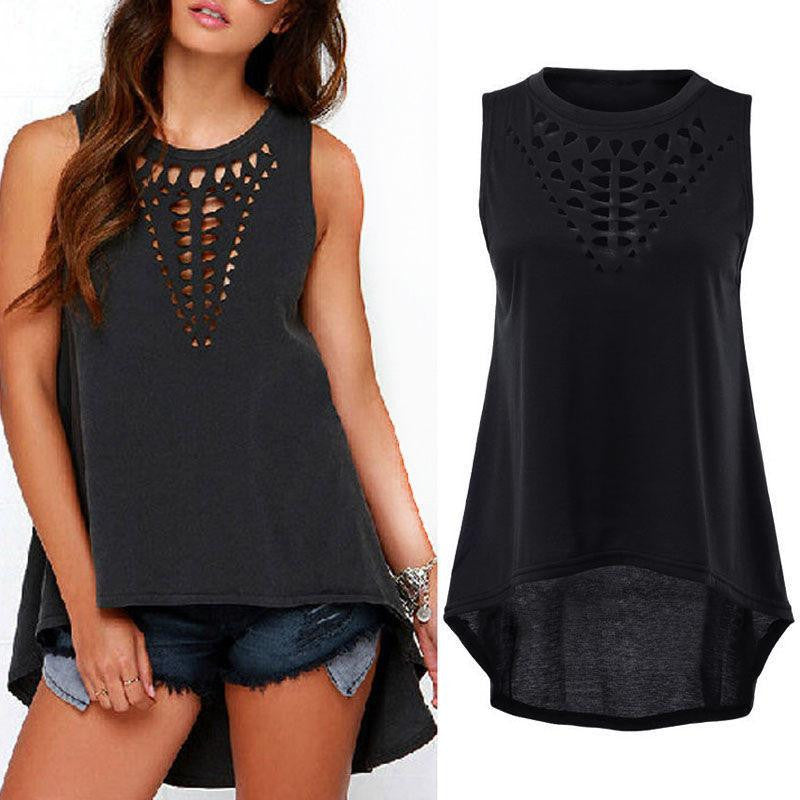 Women Retro Black Hollow Out Tank Tops Vest Sleeveless Casual Loose Shirt Blouse Fashion Crochet Top