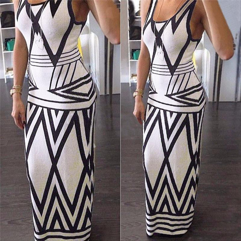 Women Geometric Print Summer Long Maxi Dress Fashion Casual Summer Sleeveless Bodycon Slim Party Dresses Vestidos White