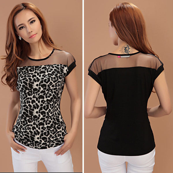 Online discount shop Australia - Lady Leopard Sheer Fashion Shirt Crew Neck Short Sleeve Slim Women Blouse Tops