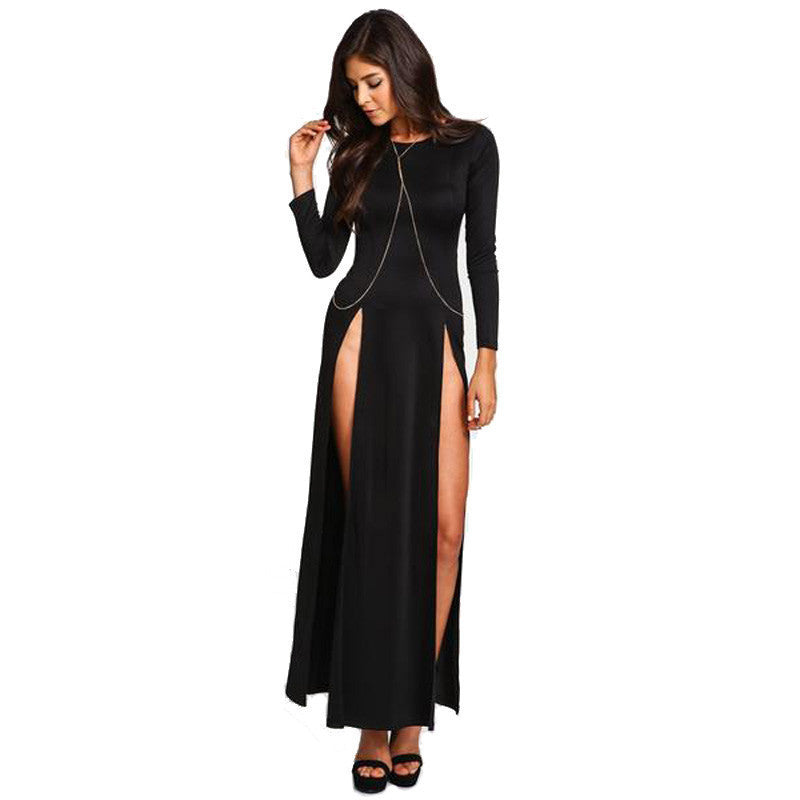 Online discount shop Australia - 2016 New Women Dress Sexy Club High Split Dress Long Sleeve Black Double High Slit Slim Maxi Party Dress Fashion Dress NC-465