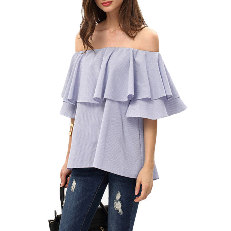 Off The Shoulder Blouses Cute Style Women's Shirts Casual Royal Blue Ruffle Butterfly Sleeve Blouse