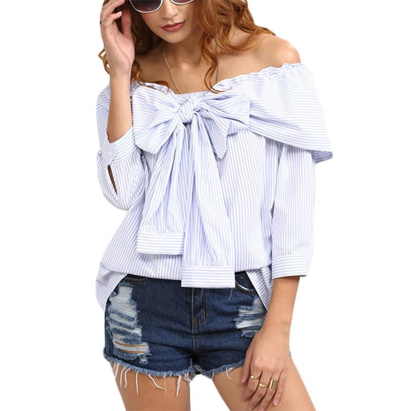 Women Cute Tops Blue Striped Bow Off The Shoulder Blouses Style Casual Shirts Ladies 3/4 Sleeve Blouse