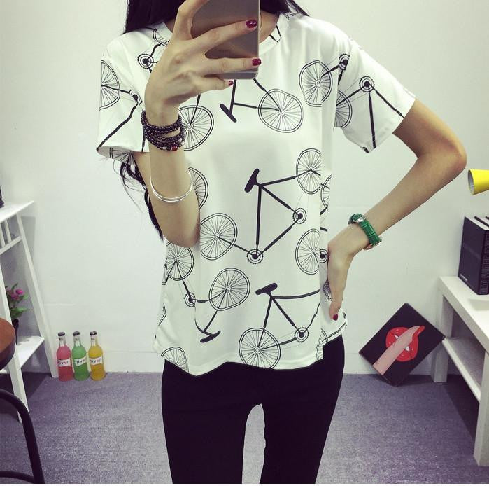 Women's T-shirt Fashion Bicycles Printed T-shirt Round Neck Short-sleeved Bottoming