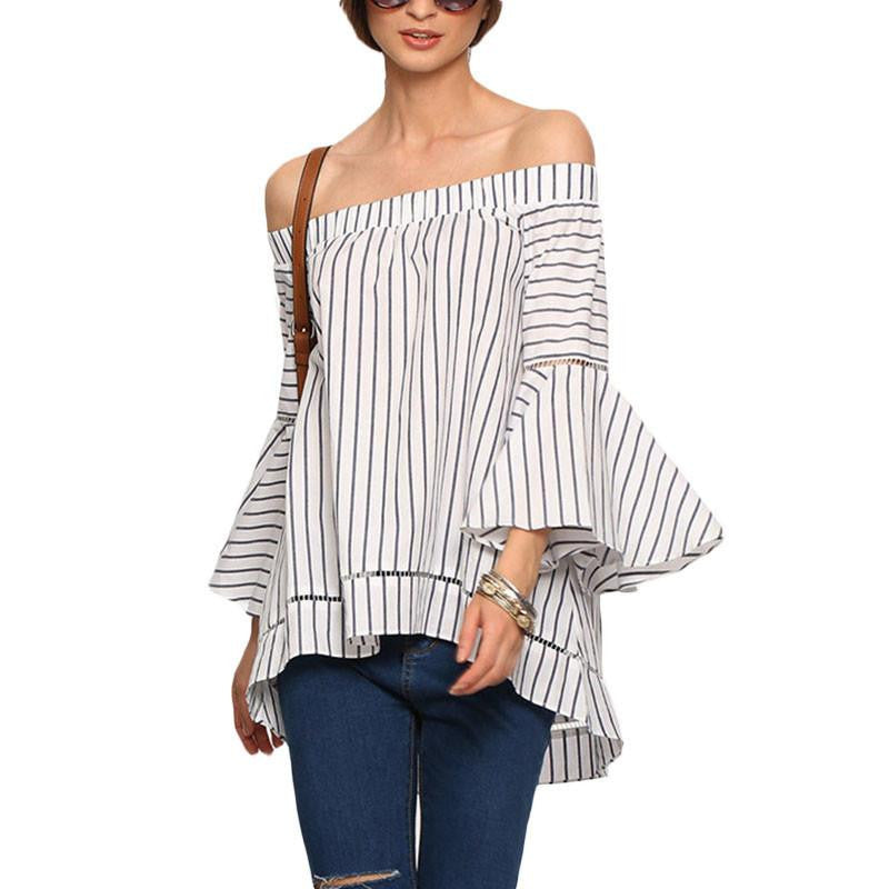 Women Off The Shoulder Striped Blouses Work Style Ladies Multicolor Flare Sleeve Blouse