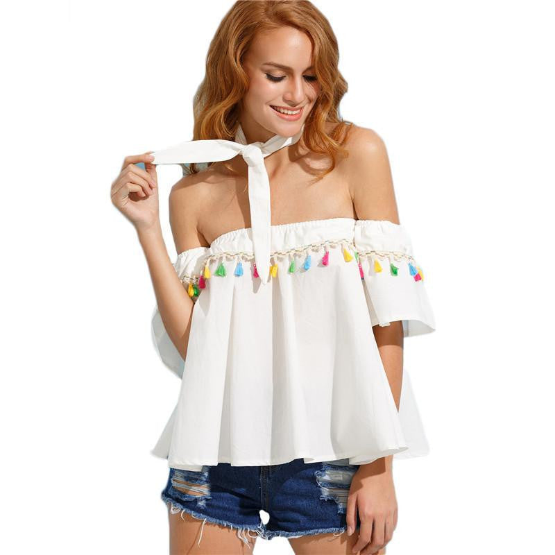 White Off The Shoulder Tassel Trimmed With Tie Top Female Short Sleeve Loose Shirt Cute