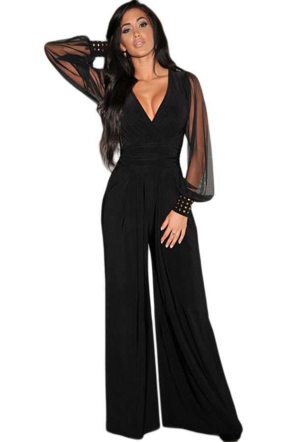 womens rompers Club Party Black wine blue V-neck Embellished Cuffs Long Mesh Sleeves Loose Jumpsuit LC6650