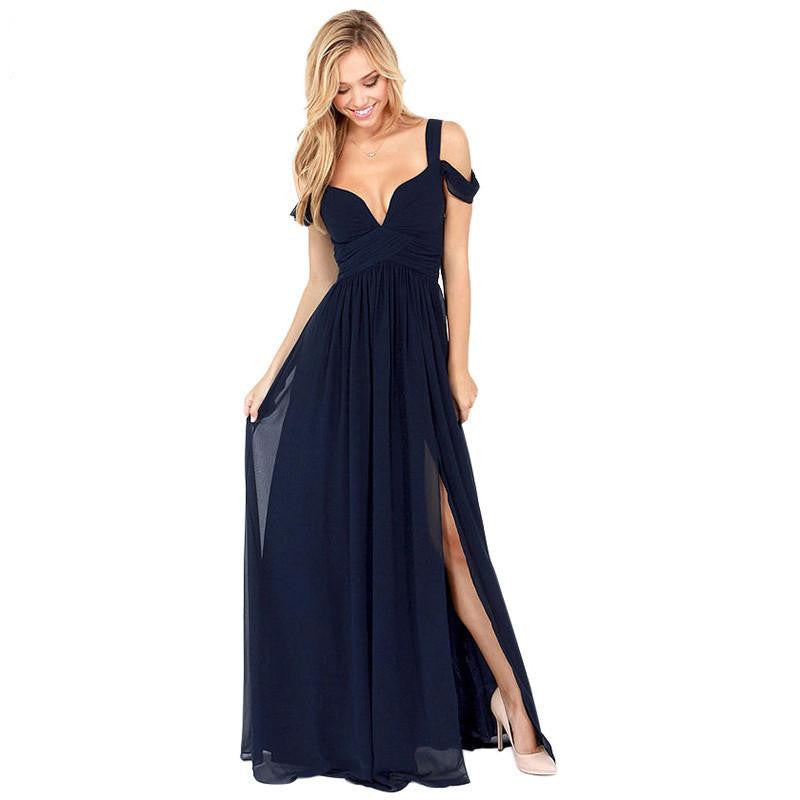 Summer Floor Length Solid Dinner Dress Side Slit V Neck Off Shoulder Female Gown Dress