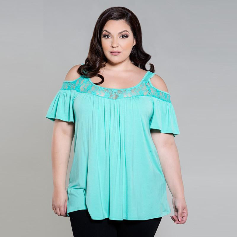 Women Off Shoulder Tops Short Sleeve Lace Patchwork Loose Casual Plus Size Women Blouses Shirt 5XL 6XL