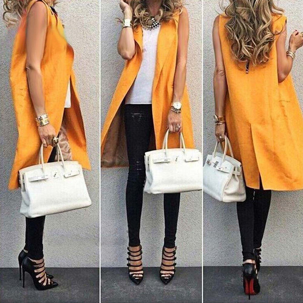 Fashion Long Vest Jacket For WomenTurn Down Collar Sleeveless Orange Trench Coat Ladies Waistcoat Outwear