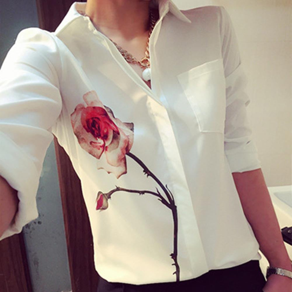 women solid blouse chiffon Long Sleeve Rose Flower Blouse Turn Down Collar Chiffon White blouse