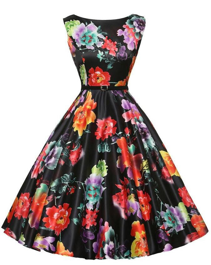 Summer Women's Vintage Floral Rockabilly Tutu Pinup Sleeveless Bodycon Evening Party Clubwear Formal Dress Plus Size