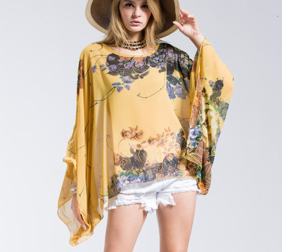 Online discount shop Australia - Casual Fashion Floral Women Ladies Sexy Batwing Sleeve Loose Chiffon Floral Printed Blouse Tops