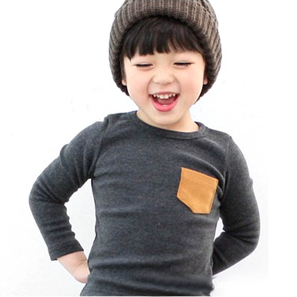 Online discount shop Australia - Baby Kids Long Sleeve Crewneck T-shirt Pocket Decor Boy Girl Shirt Clothes 2-7 Y