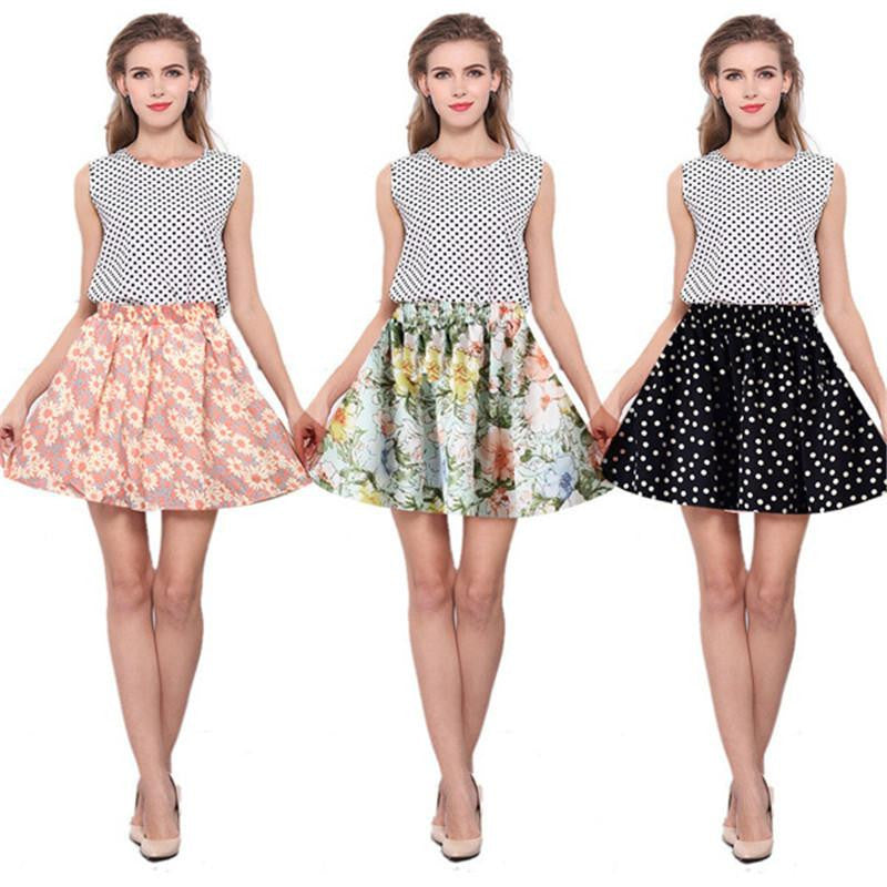 Women Retro High Waist Pleated Floral Chiffon Mini Short Casual Skirts Sweet