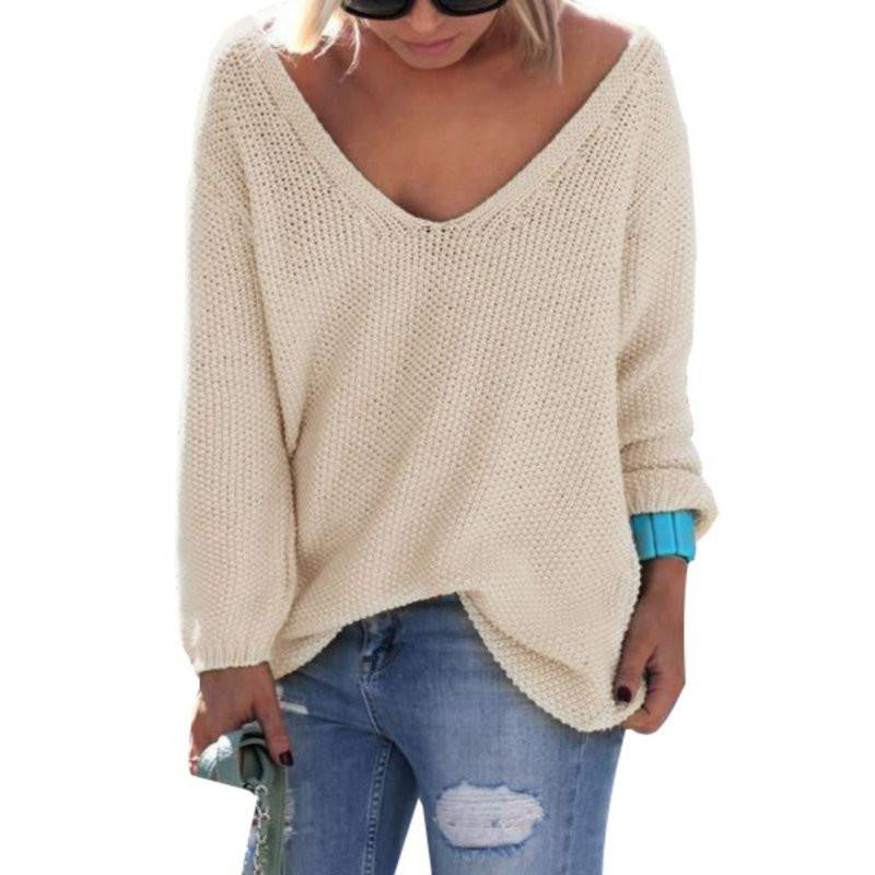Womens Cute Elegant V Neck Loose Casual Knit Sweater Pullover Long Sleeve Sweater