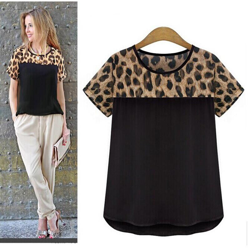 Women 's clothing Leopard Printing Chiffon Short Casual Shirt Tops Blouse Plus size