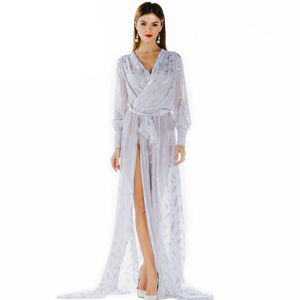 Online discount shop Australia - Missord Sexy deep-V long-sleeved printing two split maxi dress FT2858