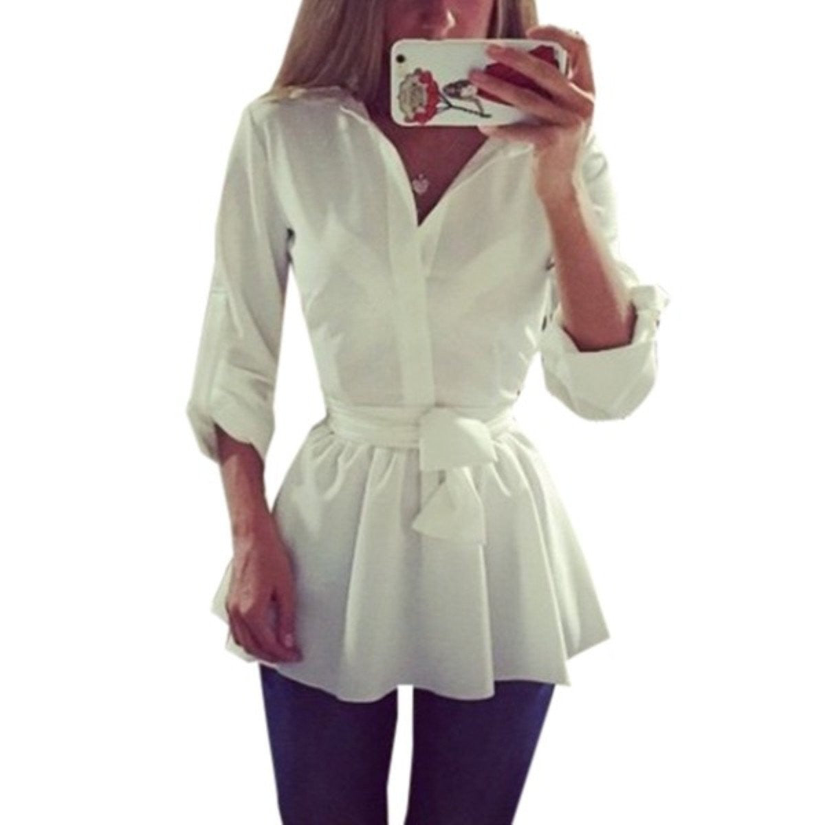 Women Long Sleeve Lapel Belted Blouse Dress Female Casual Solid Slim Tunic Long Top Shirts