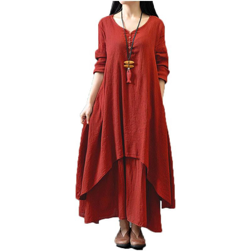Top Fashion Autumn Women Casual Loose Long Sleeve Dress Cotton Linen Solid Long Maxi Dress Vestidos Plus Size S-5XL