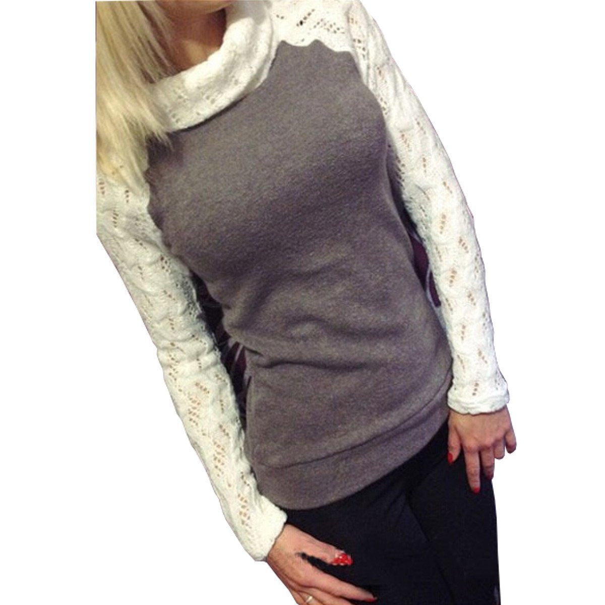 Women Fashion Sweater Pullover Turtleneck Patchwork Lace Long Sleeve Jumper Knitted Tops Pull